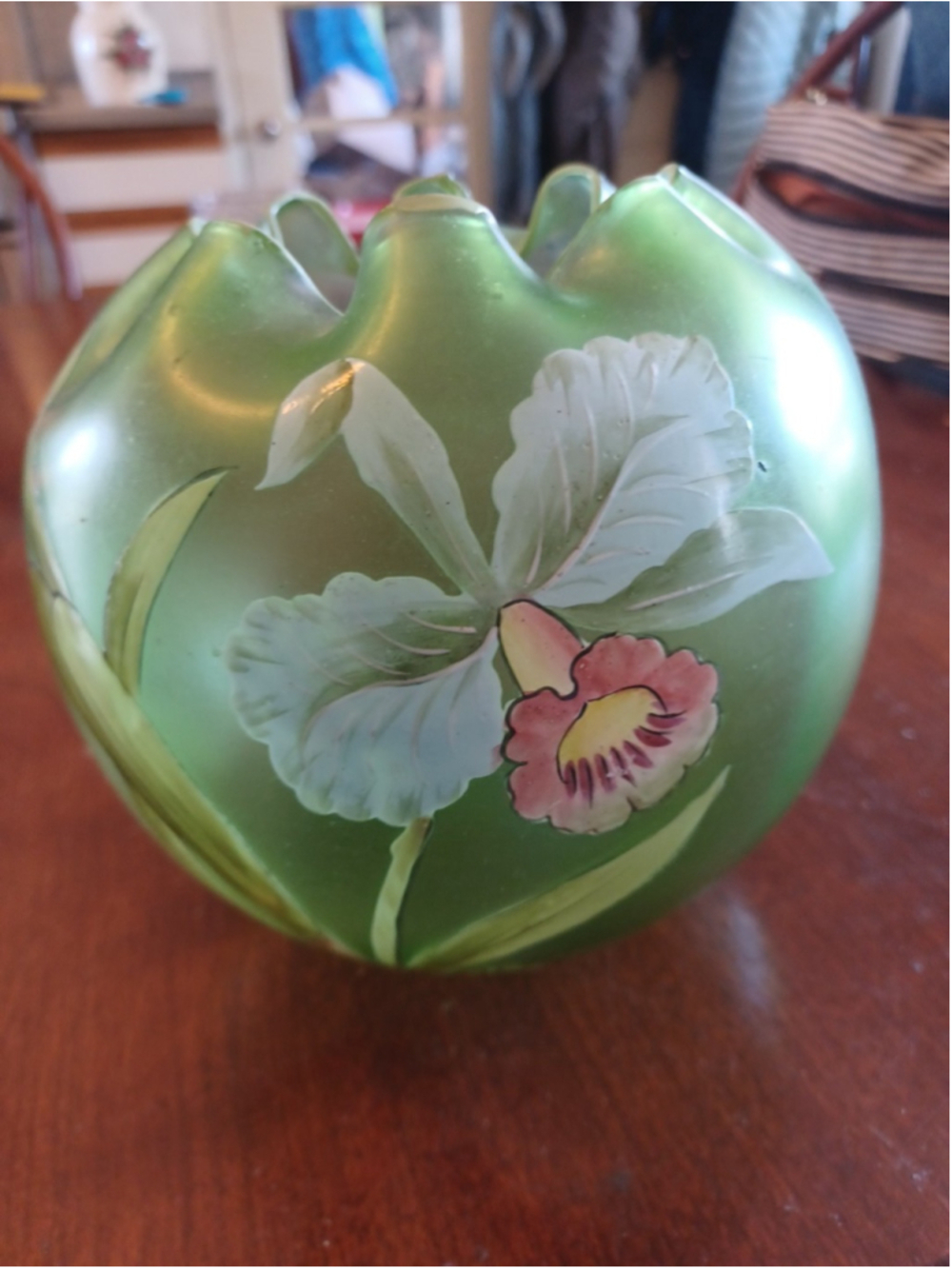 Carl Goldberg Glass Ruffled Vase with Painted Enamel Flowers 6"